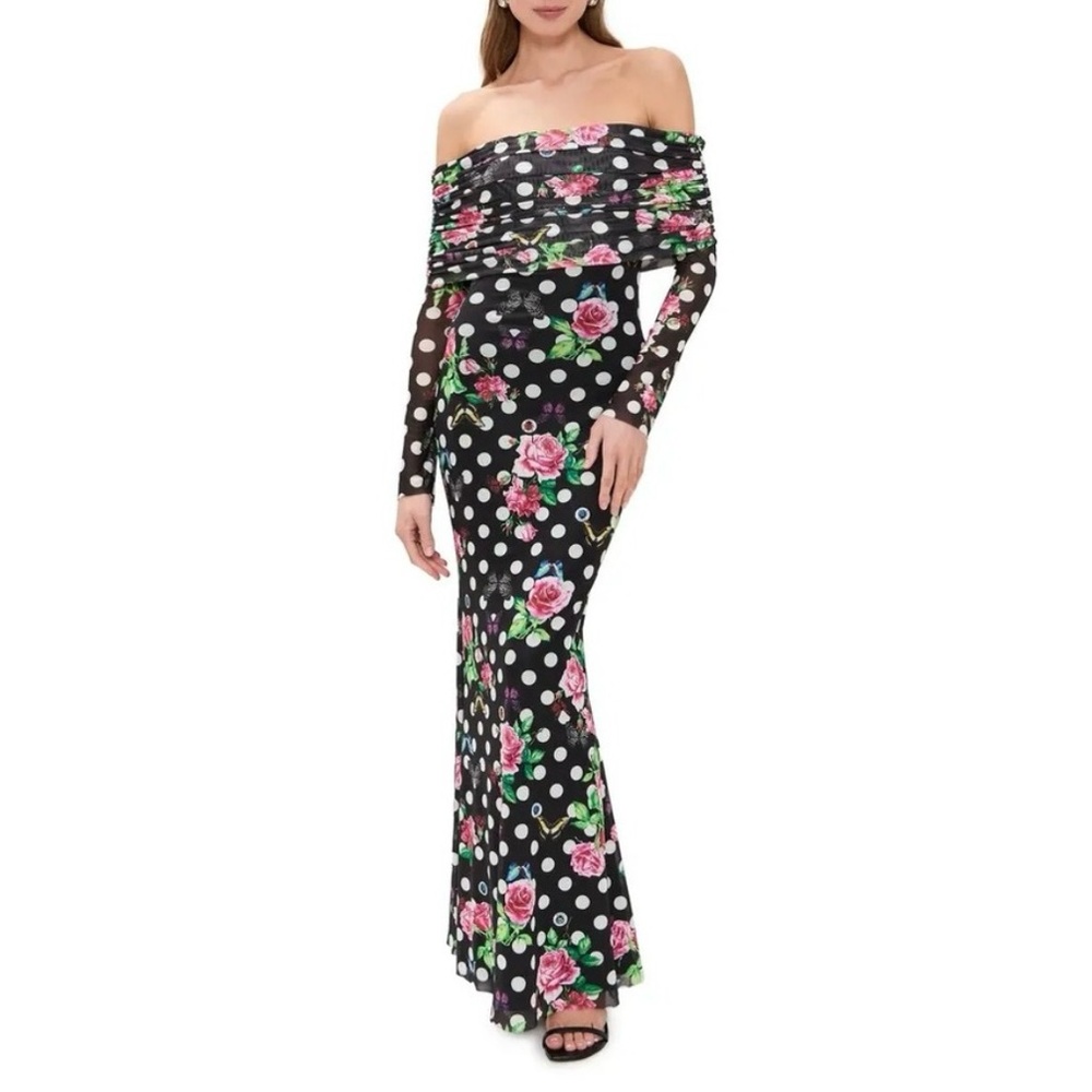 XS AFRM Long-Sleeve Off-The-Shoulder Mesh Maxi Dress